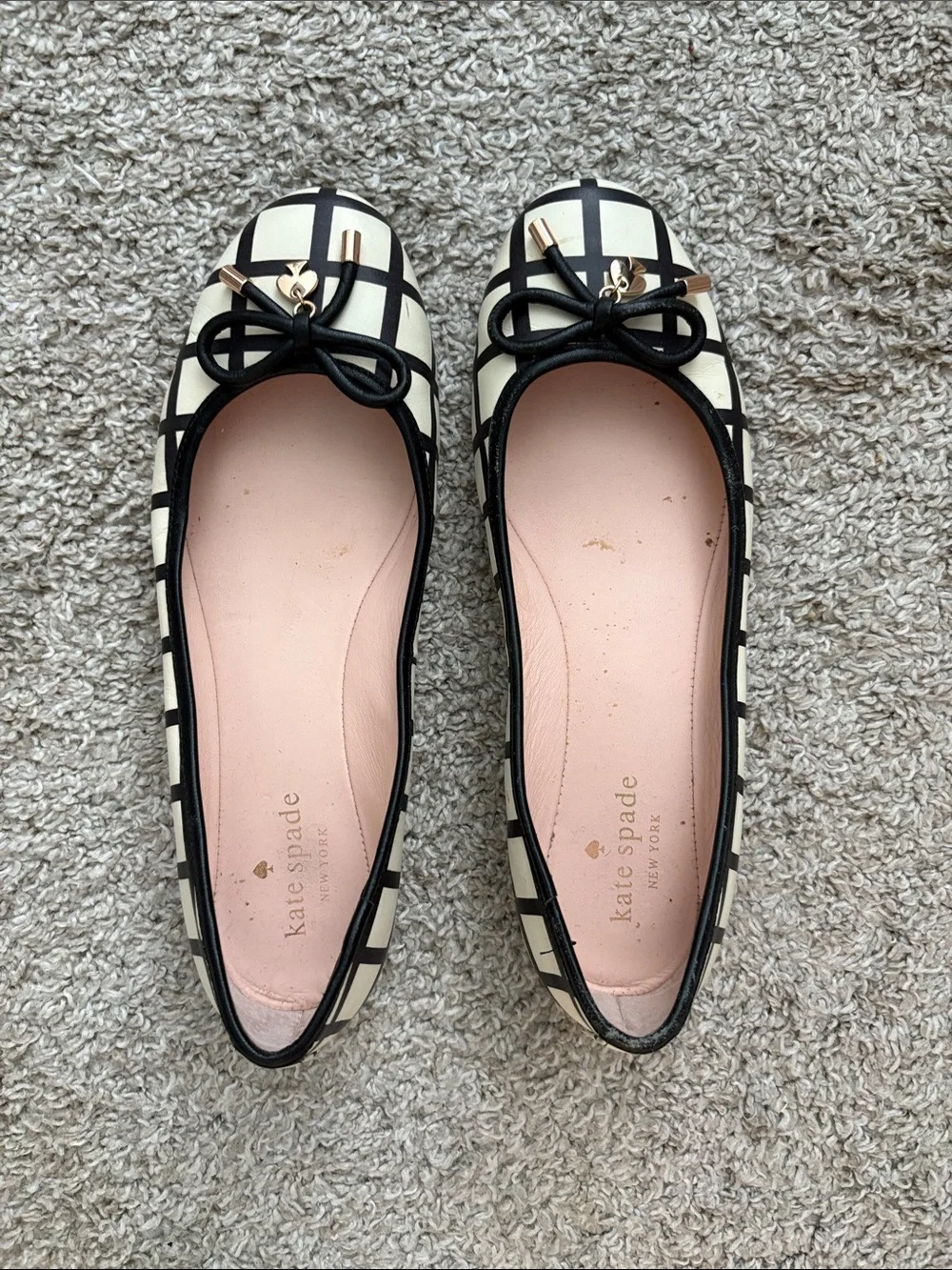 kate spade Ivory and Black Grid Ballet Flats with Pink Insole